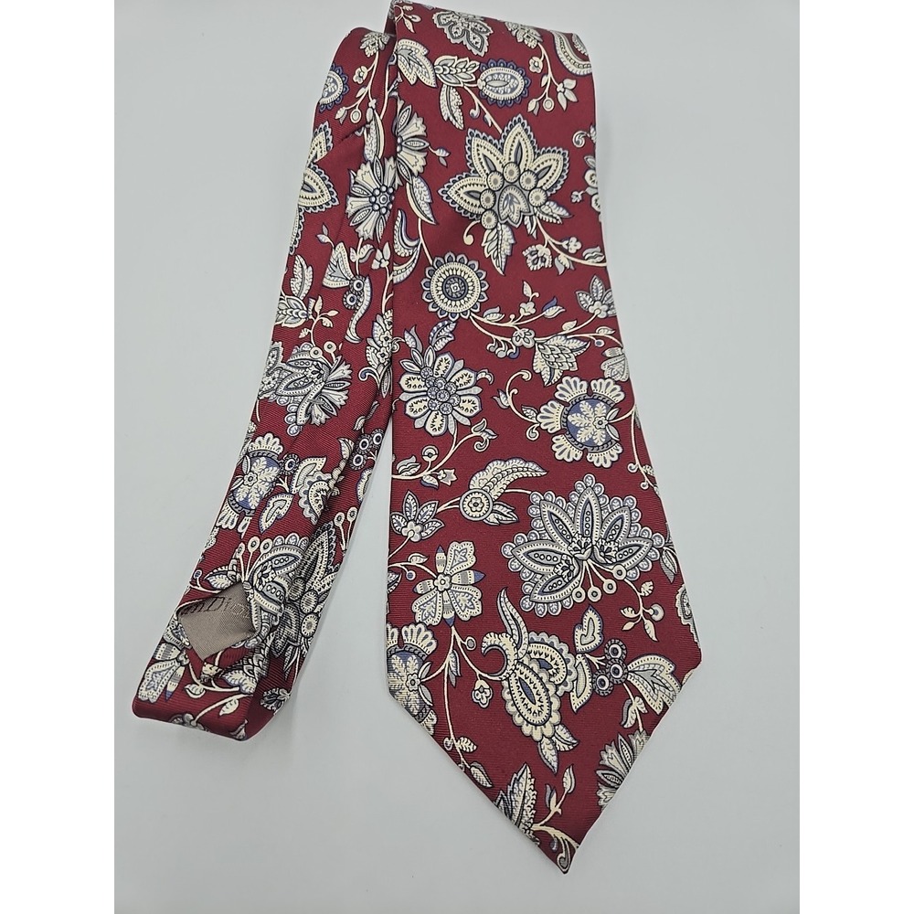 Vintage Christian Dior Tie Silk Paisley Floral Maroon And Blue Made in USA